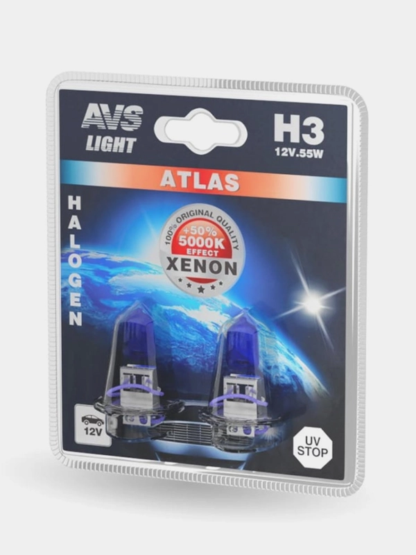 Галогенная лампа AVS ATLAS 5000К, H3, 12V, 55W, 2шт