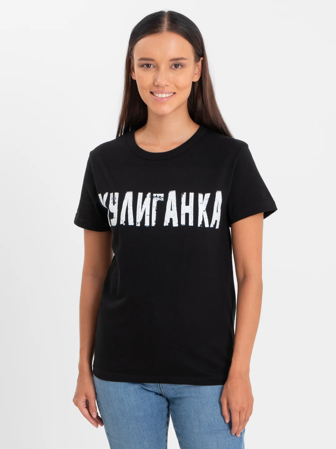 Черный футболка женская, светящаяся в темноте "Хулиганка"