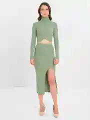 Мятный женский костюм двойка: топ с горлом и юбка
