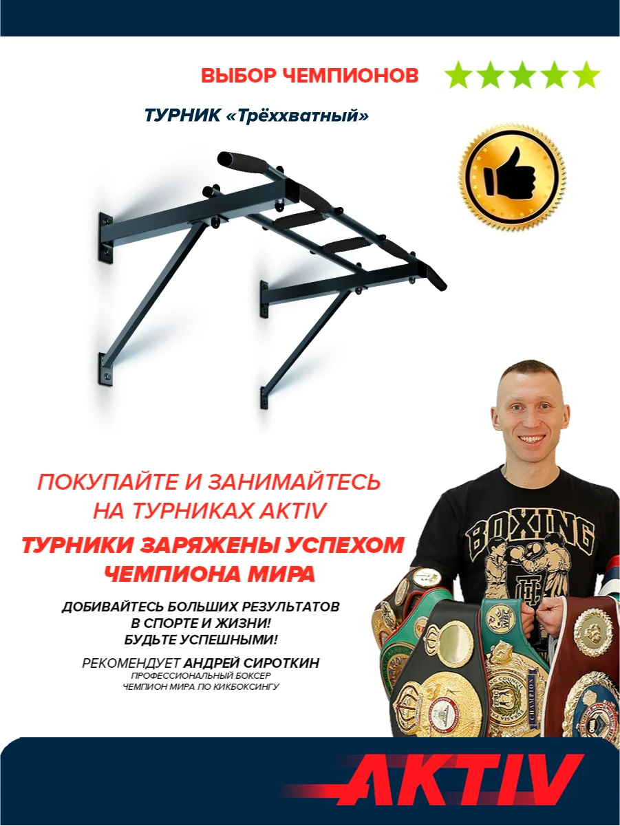Турник Absolute Champion "Треххватный", черный, разборный Aktiv, 300 кг, наддверный, для дома
