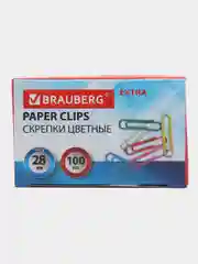 Скрепки Extra Brauberg, 28 мм, цветные, 100 штук