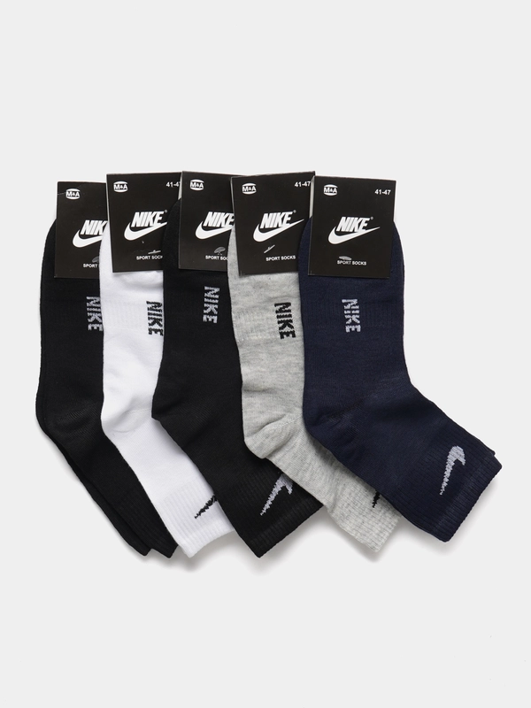 Носки мужские спортивные средней длины с вышитым принтом Найк (Nike), хлопок, набор 5 пар