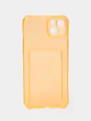 Оранжевый чехол силиконовый для iPhone 14 Plus (Айфон 14 Плюс), прозрачный, с карманом для карт