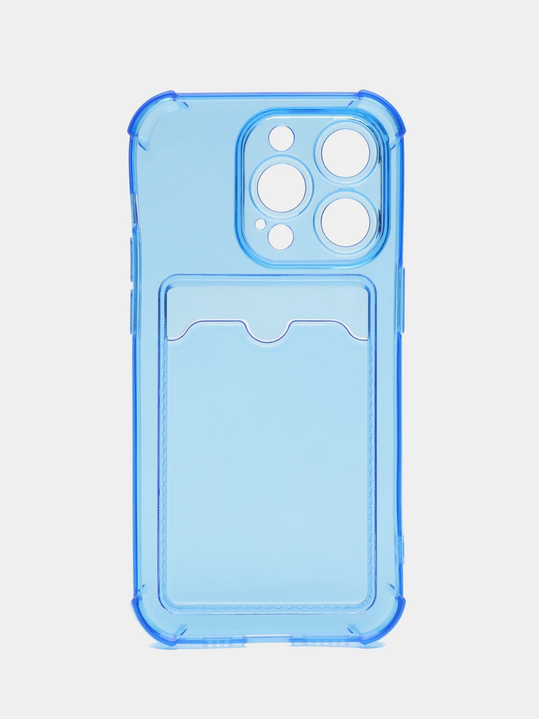 Синий чехол силиконовый для iPhone 14 Pro (Айфон 14 Про), прозрачный, с карманом для карт