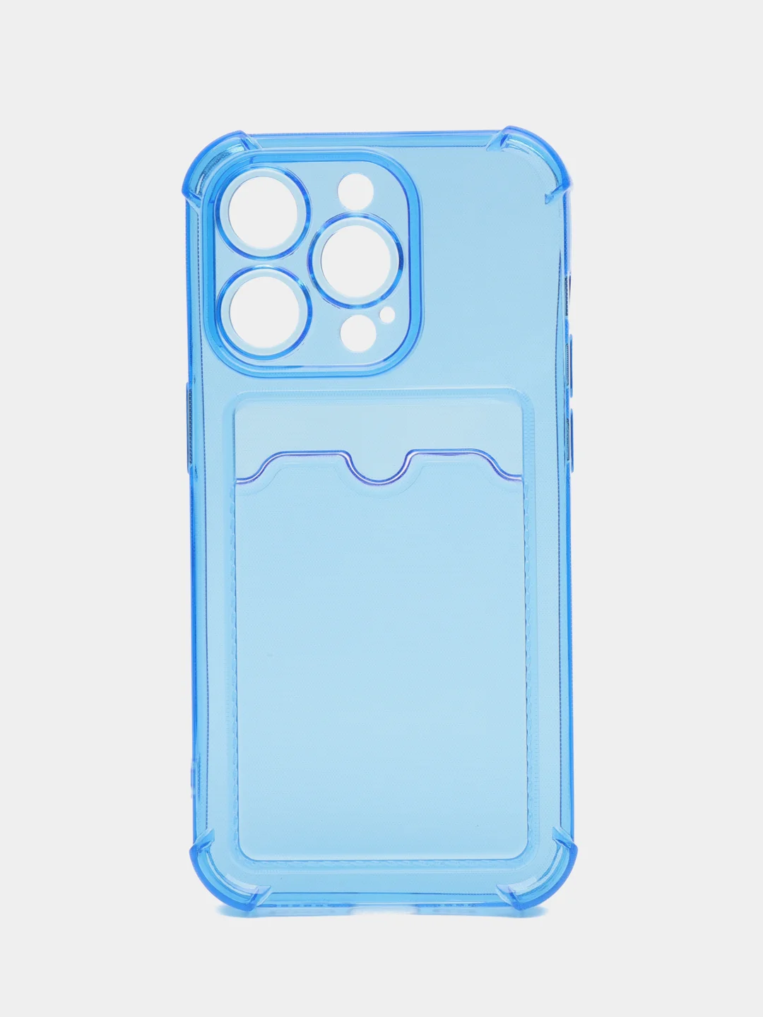 Синий чехол силиконовый для iPhone 14 Pro (Айфон 14 Про), прозрачный, с карманом для карт