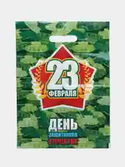 Зеленый пакет с вырубной ручкой 23 февраля 30х40 см, 3 штуки в наборе