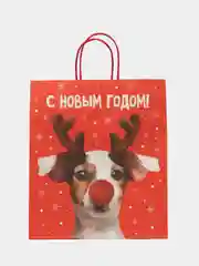 Красный новогодний пакет, подарочный, крафтовый, 28 х 32 х 15 см