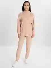Бежевый женский костюм тройка: кофта, топ и лосины, ткань лапша