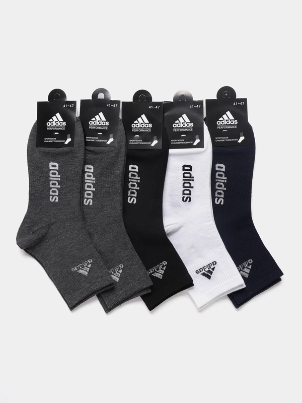 Носки мужские спортивные, средней длины, с вышитым принтом Адидас (Adidas), хлопок, 5 пар