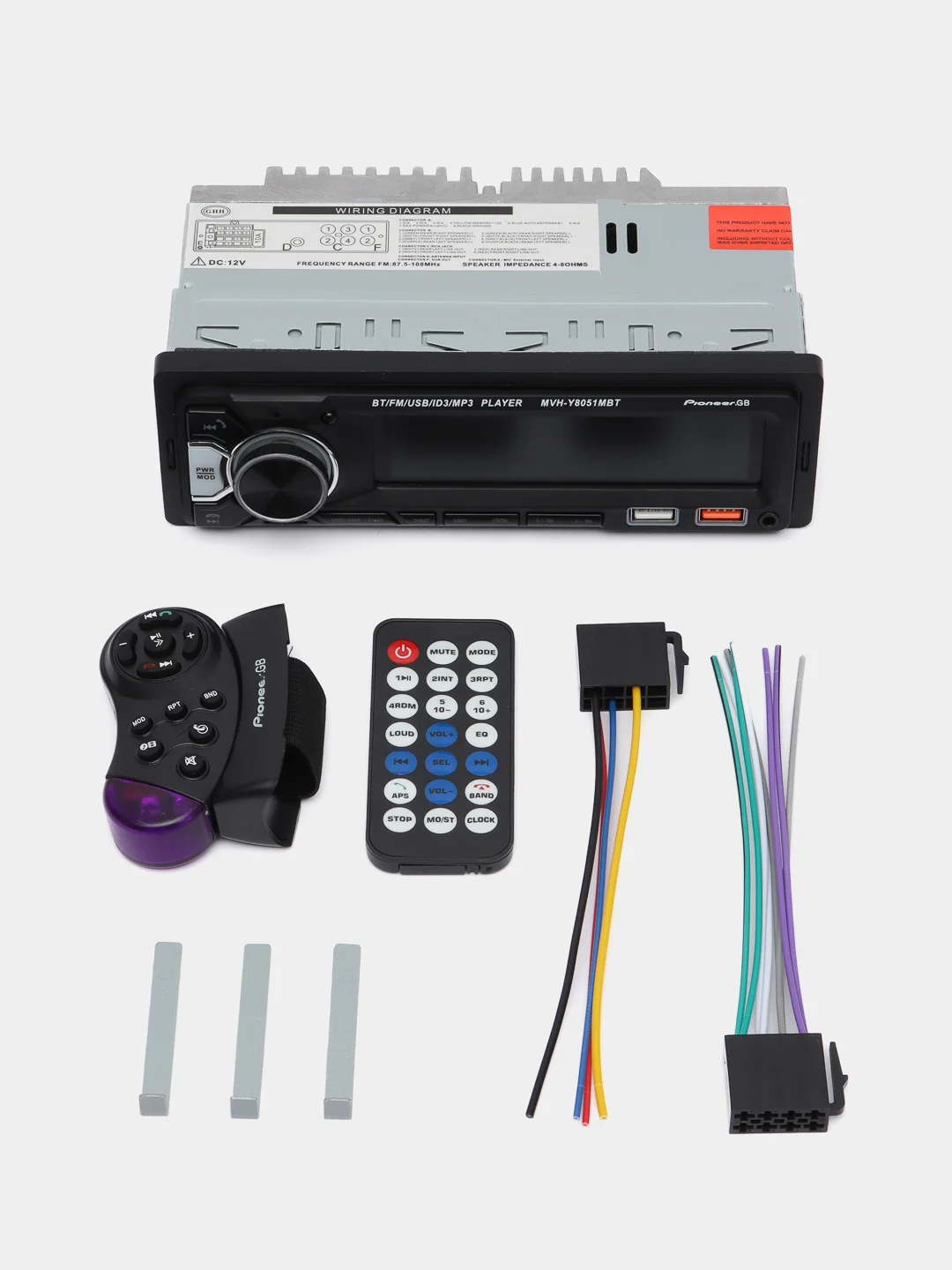 Автомагнитола DV-Pioneer.ok, 1 DIN, Bluetooth, AUX, USB, пульт в комплекте, 7 цветов подсветки