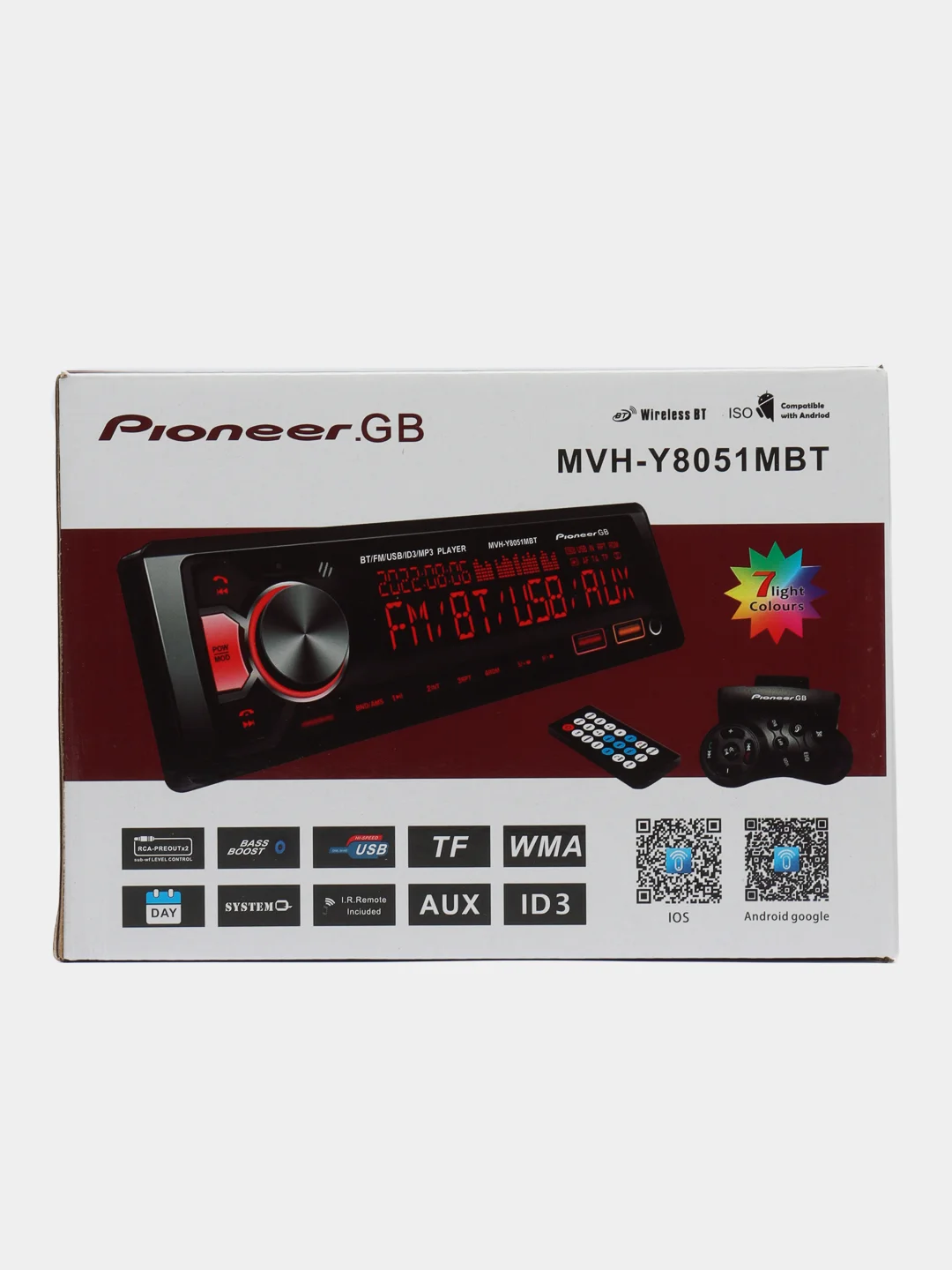 Автомагнитола DV-Pioneer.ok, 1 DIN, Bluetooth, AUX, USB, пульт в комплекте, 7 цветов подсветки