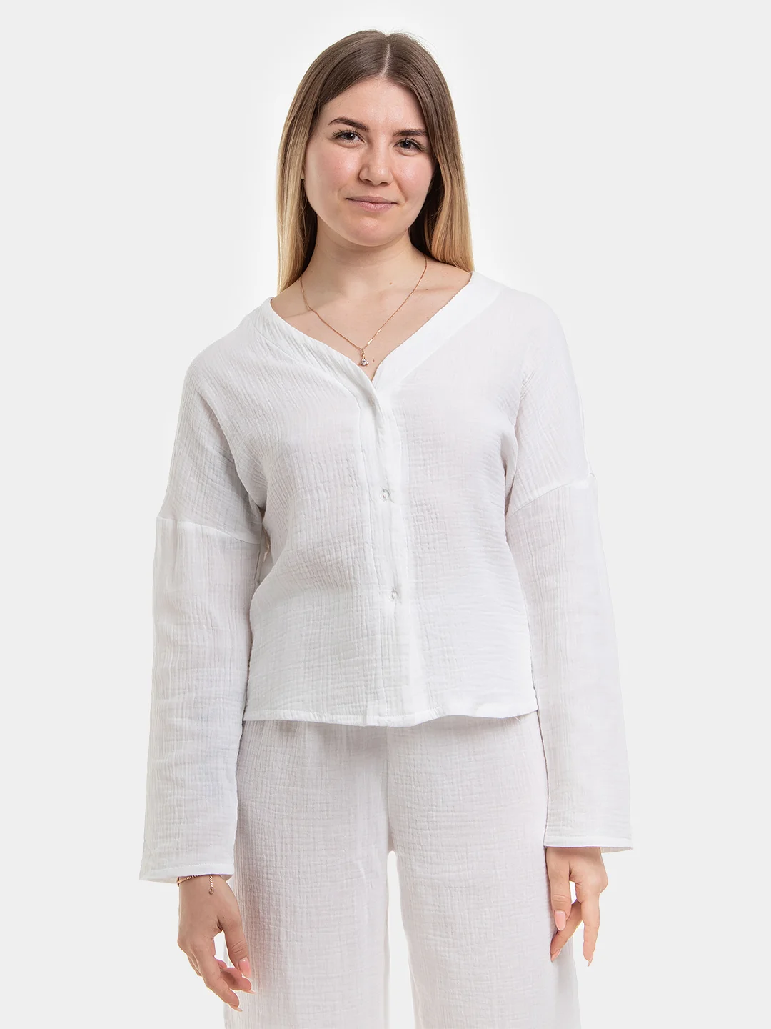 Белый пижама женская из хлопка, со штанами и рубашкой/ костюм женский, подарок