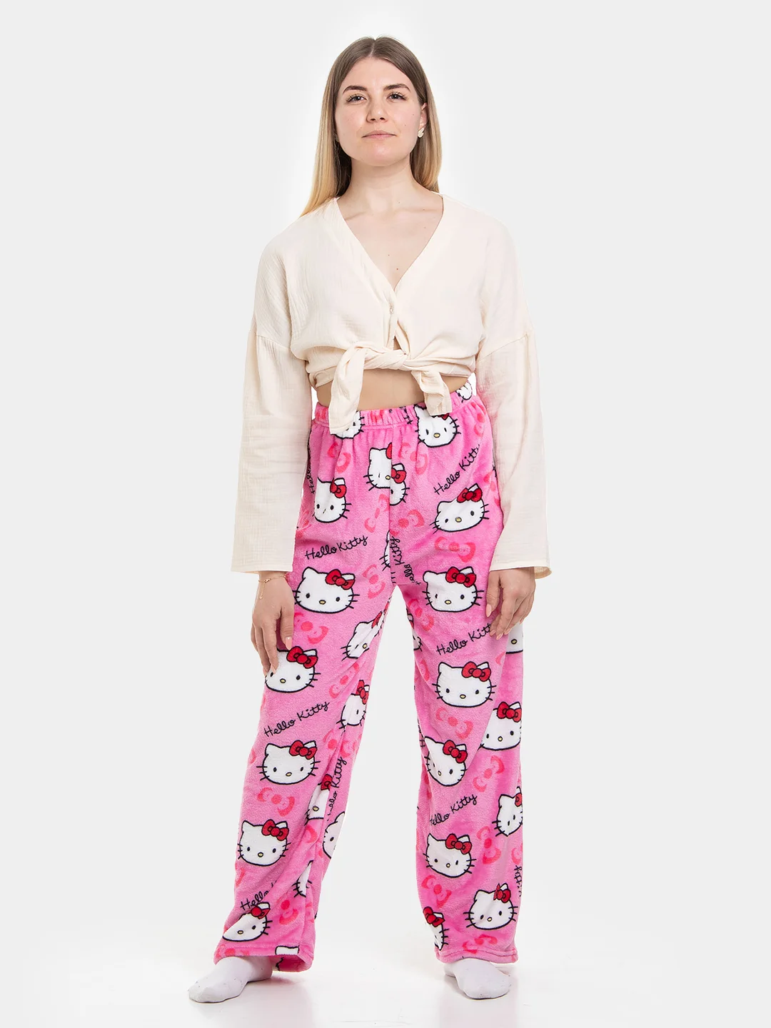 Розовый женские домашние пижамные штаны Hello Kitty, фланелевые