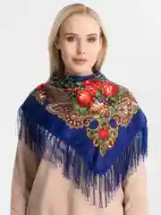 Индиго женский русский платок, с бахромой