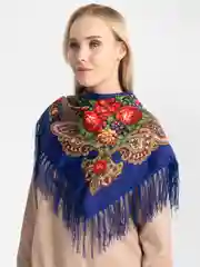 Индиго женский русский платок, с бахромой