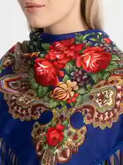 Индиго женский русский платок, с бахромой
