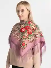 Пурпурный женский русский платок, с бахромой