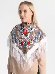 Небесно-голубой женский русский платок, с бахромой
