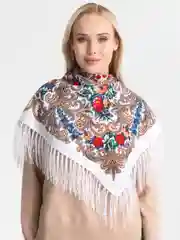 Небесно-голубой женский русский платок, с бахромой