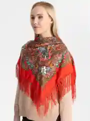 Коралловый женский русский платок, с бахромой