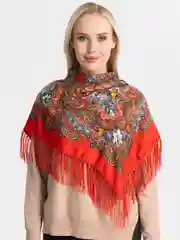 Коралловый женский русский платок, с бахромой