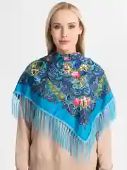 Лазурный женский русский платок, с бахромой