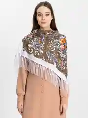 Золотистый хаки женский русский платок, с бахромой
