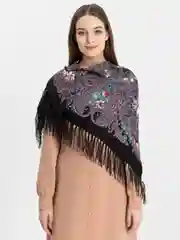 Угольный женский русский платок, с бахромой