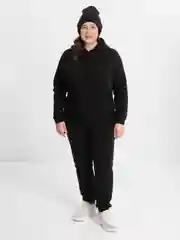 Черный спортивный женский костюм, утепленный: худи, штаны, шапка