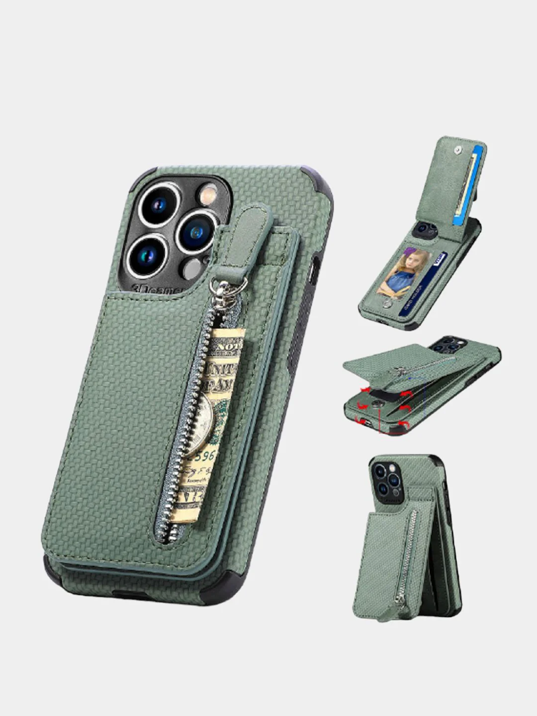 Зеленый чехол на Apple IPhone (Айфон) XR, 11, 12, 13, 14 Pro Max, кожаный, с карманом для карт