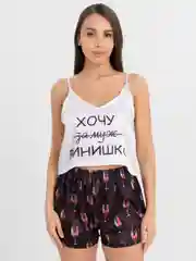 Черный пижама женская, шёлковая, топ и шорты с принтом