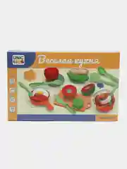 Желтый детский игровой набор "Веселая кухня" и "Барбекю": посуда, продукты, овощи на липучке,