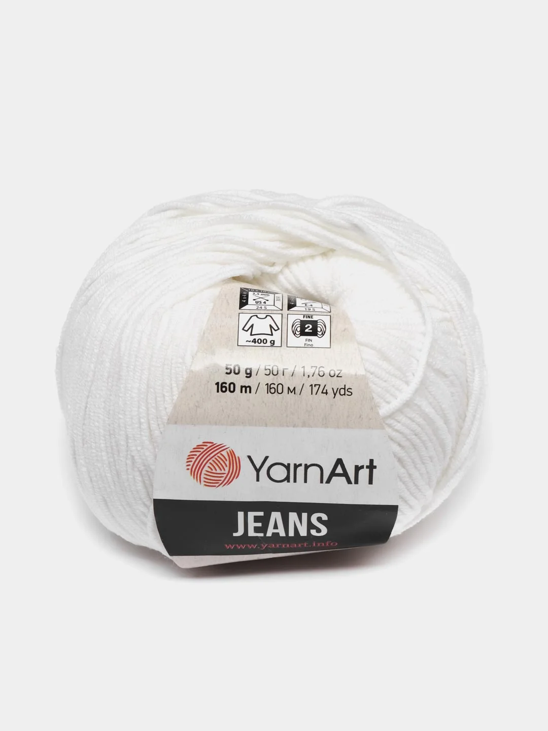 Белый пряжа YarnArt Jeans, 50г/160 м (55% хлопок, 45%акрил), комплект из 2 мотков