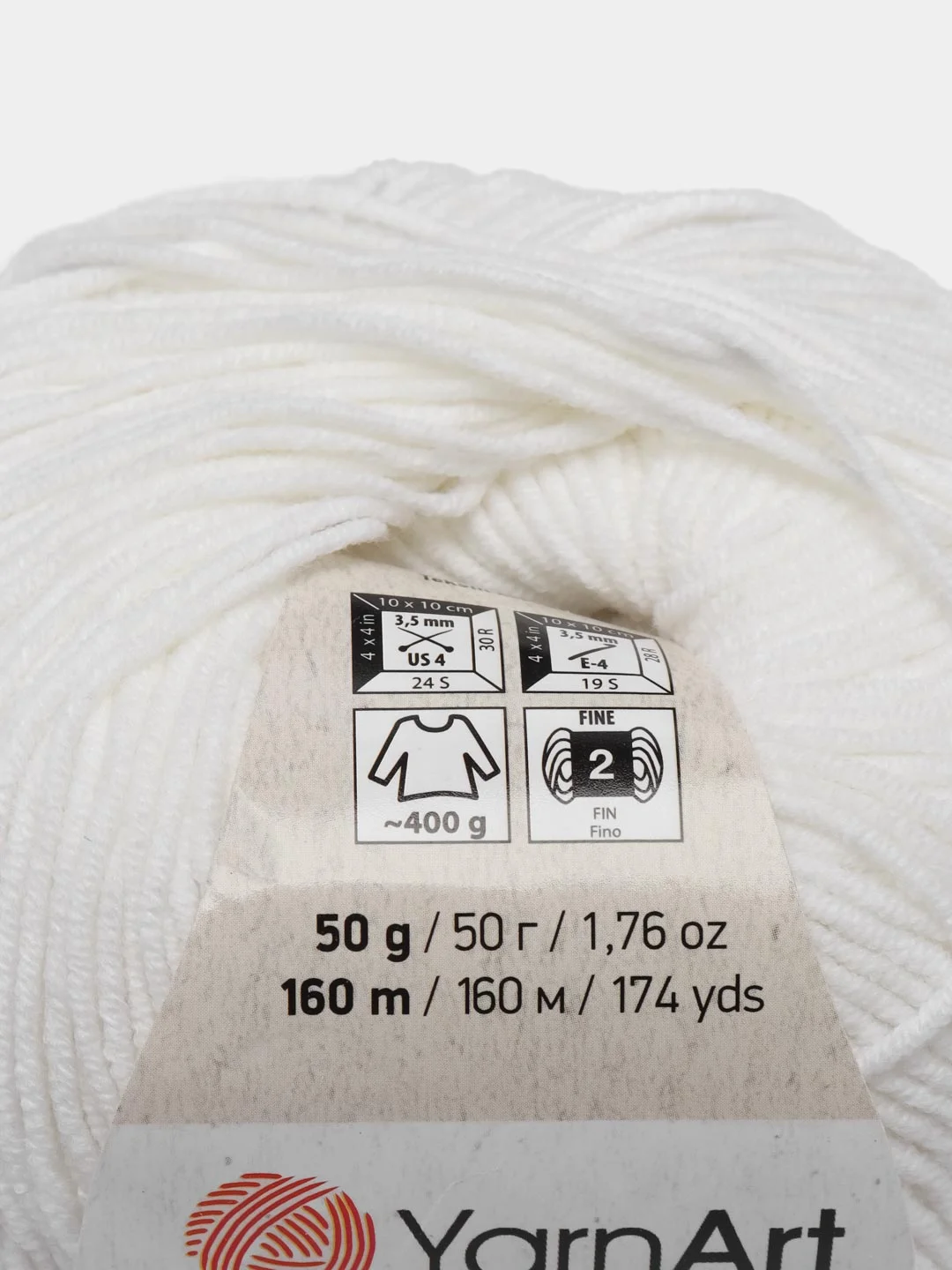 Белый пряжа YarnArt Jeans, 50г/160 м (55% хлопок, 45%акрил), комплект из 2 мотков