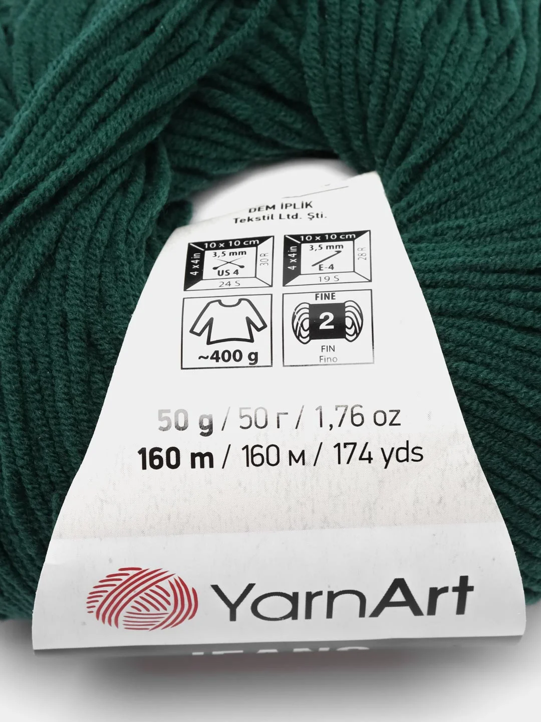 Тёмно-зелёный пряжа YarnArt Jeans, 50г/160 м (55% хлопок, 45%акрил), комплект из 2 мотков