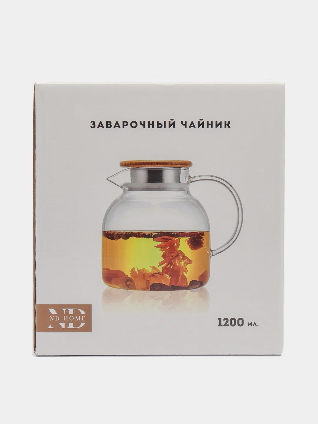 Заварочный чайник с бамбуковой крышкой и ситечком в подарочной упаковке, 1200 мл, стекло