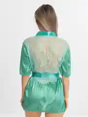 Салатовый сексуальный халат, шелковый, с кружевом, со стрингами, пеньюар, неглиже