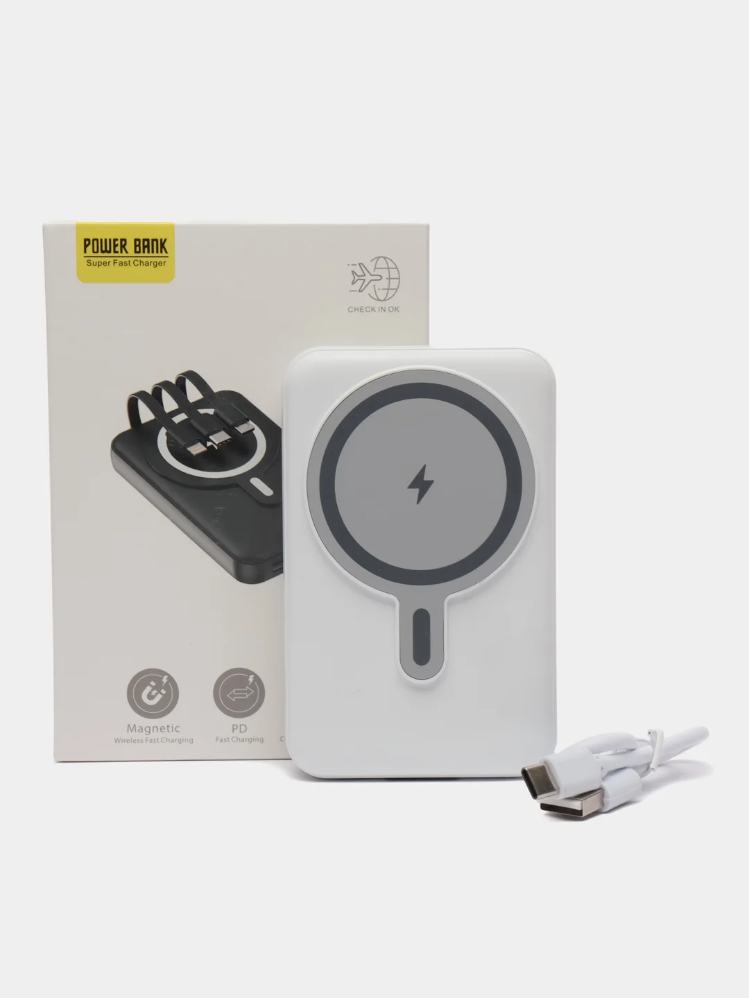 Белый powerbank со встроенными кабелями, Lightning, Type-C,10000 mAh,беспроводная зарядка