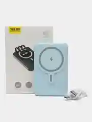 Голубой powerbank со встроенными кабелями, Lightning, Type-C,10000 mAh,беспроводная зарядка