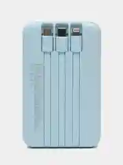 Голубой powerbank со встроенными кабелями, Lightning, Type-C,10000 mAh,беспроводная зарядка