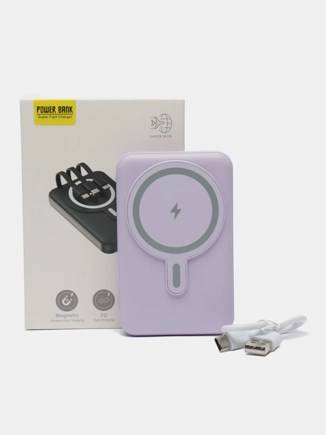 Лавандовый powerbank со встроенными кабелями, Lightning, Type-C,10000 mAh,беспроводная зарядка