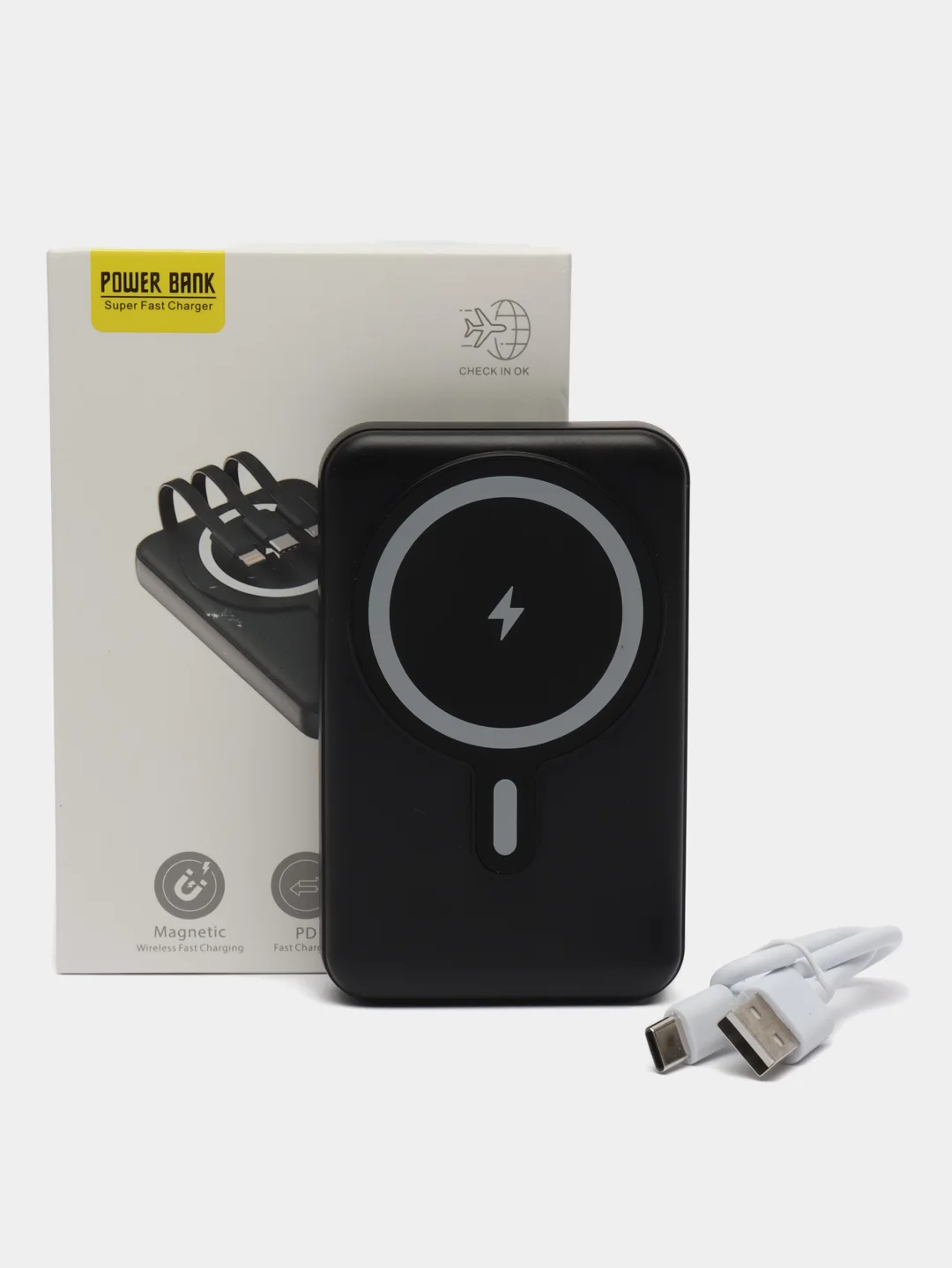 Черный powerbank со встроенными кабелями, Lightning, Type-C,10000 mAh,беспроводная зарядка