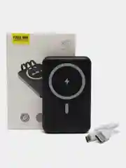 Черный powerbank со встроенными кабелями, Lightning, Type-C,10000 mAh,беспроводная зарядка