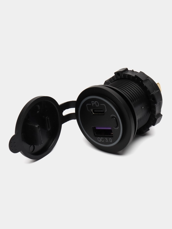 Розетка врезная автомобильная c разъемами быстрой зарядки USB QC 3.0 и PD круглая 12V-24V