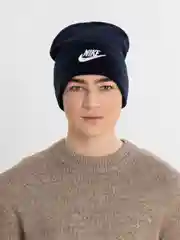 Синий шапка мужская двухслойная трикотажная с нашивкой Найк (Nike)