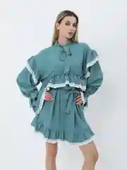 Бирюзовый платье женское с рюшами  и воланами