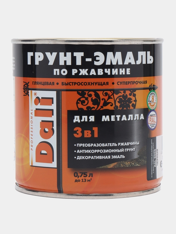 ДАЛИ Грунт-эмаль по ржавчине гладкая, цвет Черный,  0,75 л