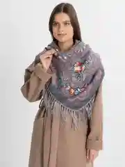 Серый женский русский платок, с бахромой