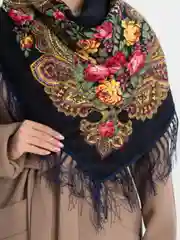 Синий меланж женский русский платок, с бахромой