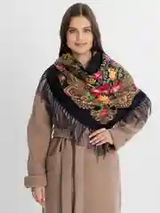 Синий меланж женский русский платок, с бахромой